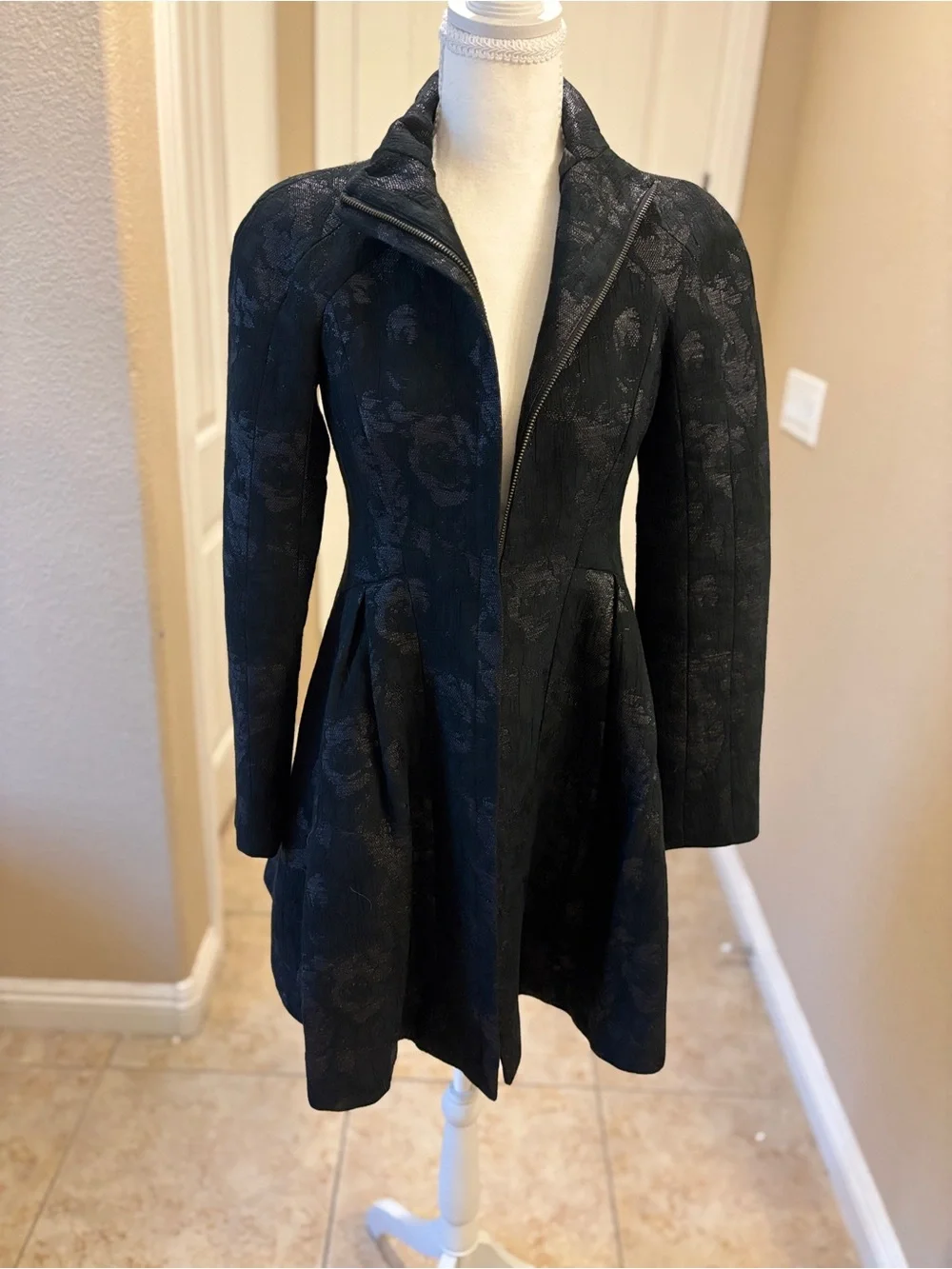 Nanette Lepore Black Floral Jacquard Pea Coat - Picture 5 of 6